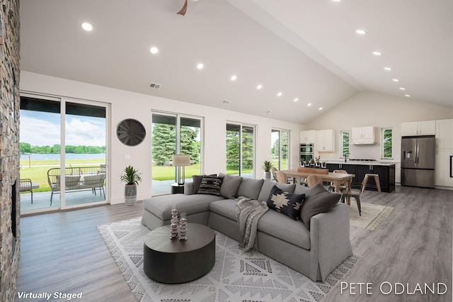 living room with high vaulted ceiling and light hardwood / wood-style flooring