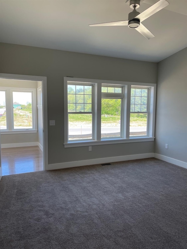 carpeted spare room featuring plenty of natural light and ceiling fan