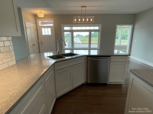 kitchen featuring sink, white cabinetry, tasteful backsplash, decorative light fixtures, and stainless steel dishwasher