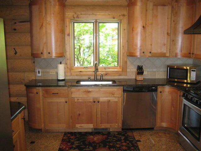 kitchen with a sink, backsplash, appliances with stainless steel finishes, and under cabinet range hood