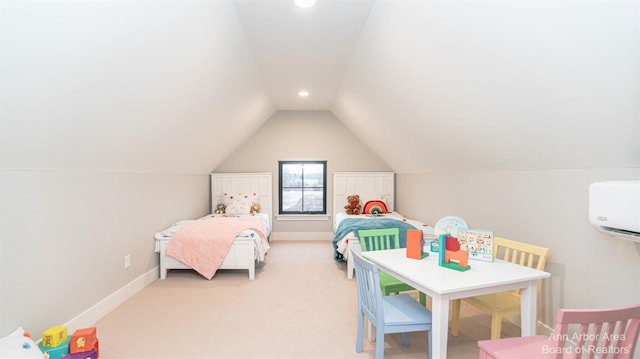 bedroom with lofted ceiling, light colored carpet, and a wall unit AC