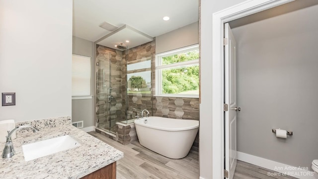 bathroom with vanity, hardwood / wood-style floors, and plus walk in shower