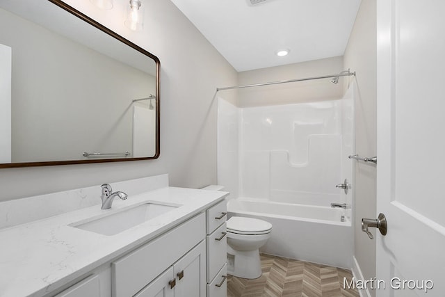 full bathroom featuring shower / bathtub combination, toilet, parquet flooring, and vanity