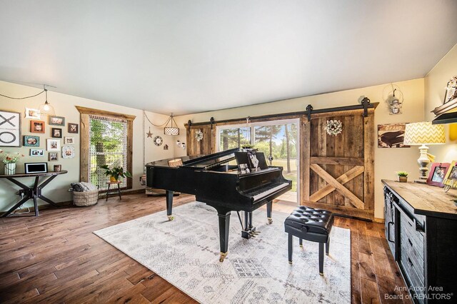 miscellaneous room with a barn door, plenty of natural light, and hardwood / wood-style floors