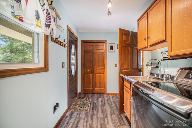 kitchen featuring sink, dark hardwood / wood-style floors, and range with electric stovetop