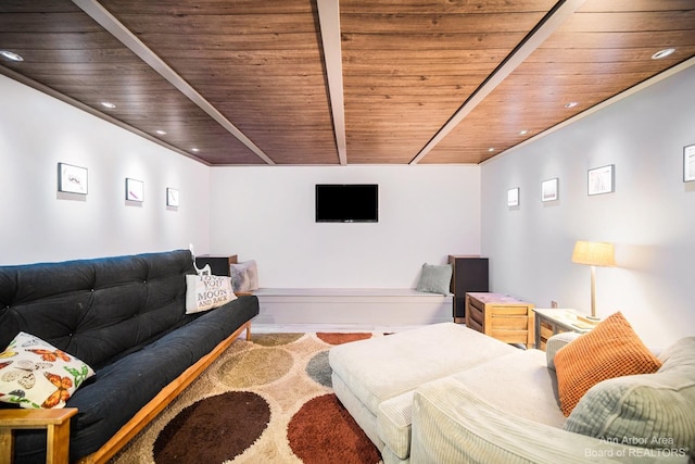 living room featuring wood ceiling