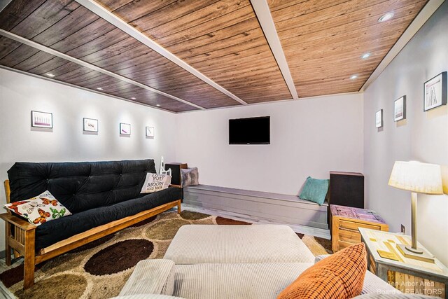 living room with wooden ceiling and hardwood / wood-style flooring