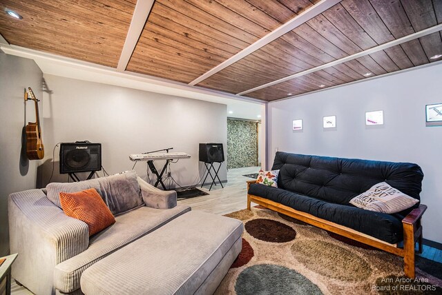 living room featuring wooden ceiling and light hardwood / wood-style floors