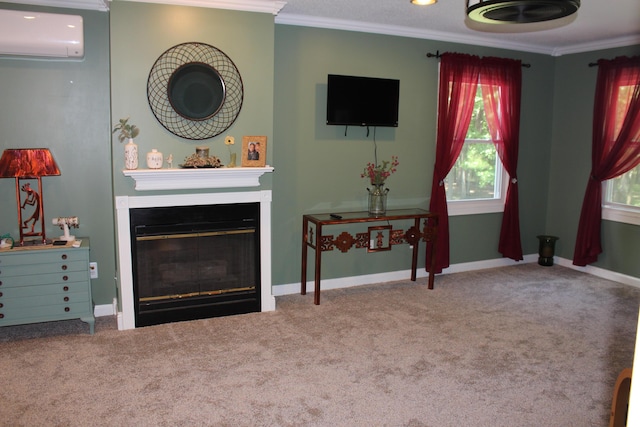 living room with crown molding, carpet flooring, and a wall mounted AC