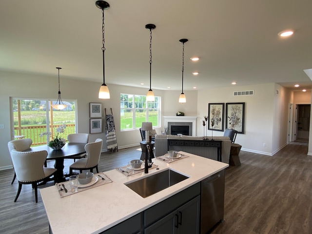 kitchen with stainless steel dishwasher, dark hardwood / wood-style flooring, sink, and hanging light fixtures