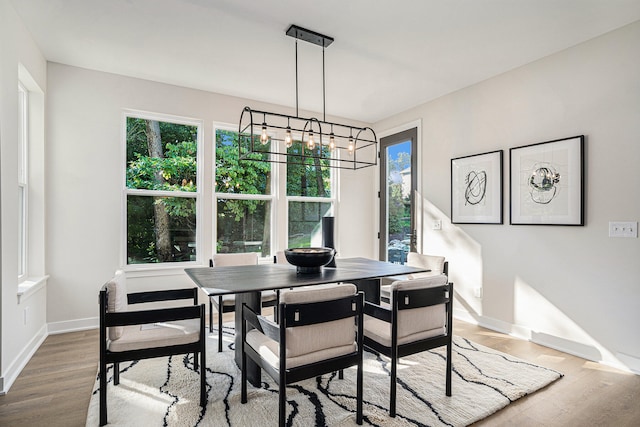 dining space featuring hardwood / wood-style floors and a notable chandelier