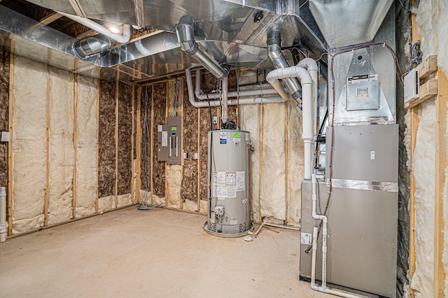 utility room with heating unit, electric panel, and water heater