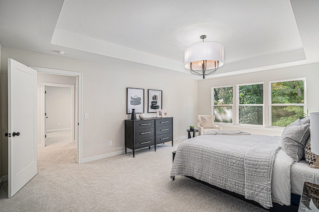 bedroom with light colored carpet and a raised ceiling