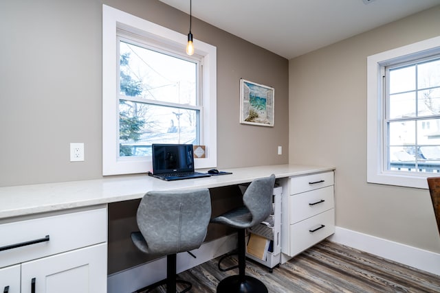 office space featuring built in desk and hardwood / wood-style floors