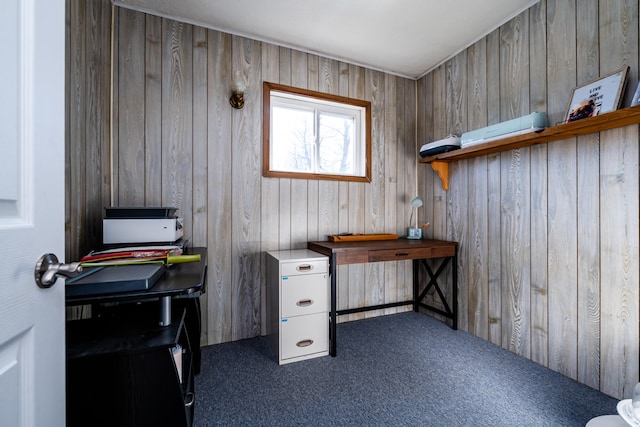 office area featuring dark colored carpet and wooden walls