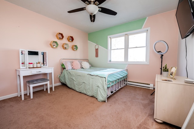 bedroom featuring a baseboard radiator, ceiling fan, and light carpet