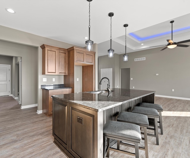 kitchen with sink, light hardwood / wood-style flooring, ceiling fan, dark stone countertops, and an island with sink