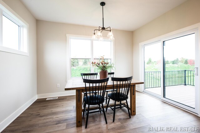 dining space featuring a notable chandelier and wood-type flooring