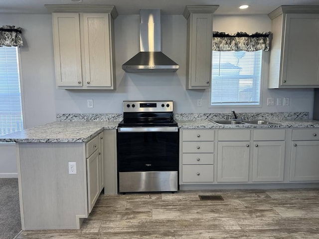 kitchen with sink, electric range, light carpet, wall chimney exhaust hood, and a wealth of natural light