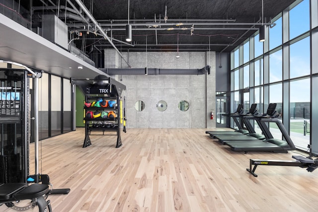 exercise room with hardwood / wood-style floors, expansive windows, and a towering ceiling