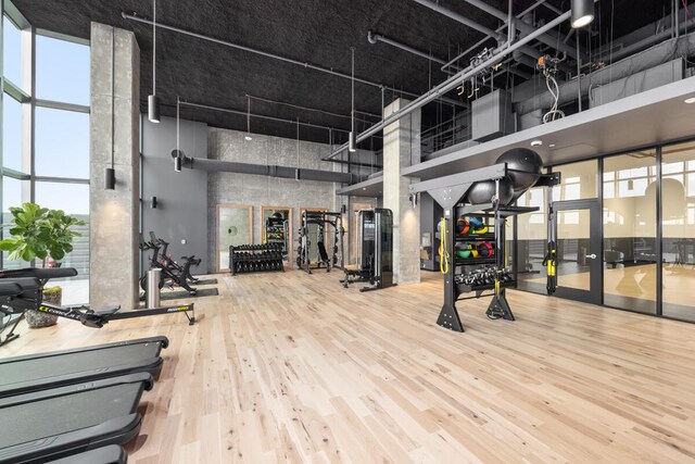 gym featuring hardwood / wood-style floors, a wealth of natural light, and a high ceiling