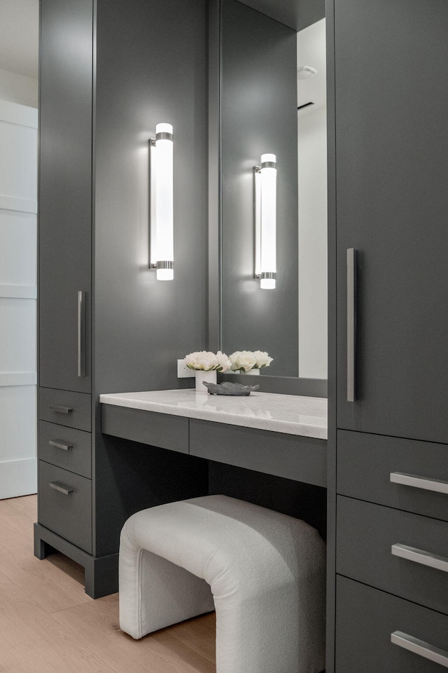 interior space featuring wood-type flooring and vanity