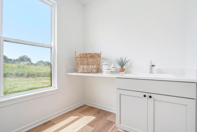 bathroom with vanity and wood-type flooring