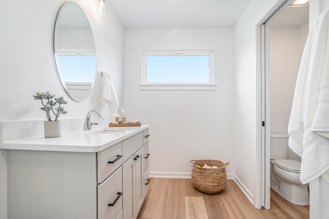 bathroom with vanity, toilet, and hardwood / wood-style flooring