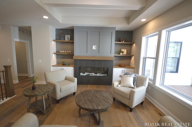 living room featuring hardwood / wood-style floors and a raised ceiling