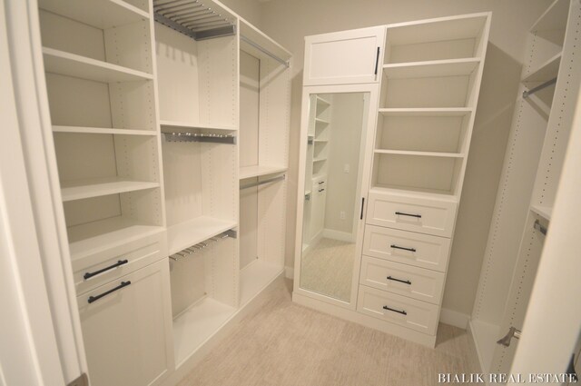 walk in closet with light carpet