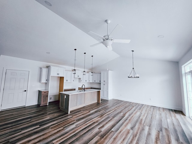 kitchen featuring hardwood / wood-style floors, sink, an island with sink, and ceiling fan