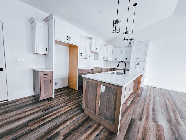 kitchen featuring white cabinets, dark hardwood / wood-style flooring, and a kitchen island with sink