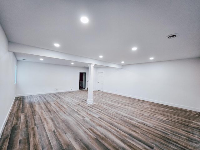 basement with wood-type flooring