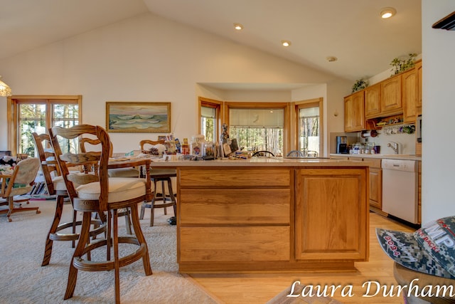 kitchen with white dishwasher, high vaulted ceiling, and light wood-type flooring