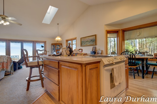 kitchen featuring hanging light fixtures, electric range, light hardwood / wood-style floors, and a healthy amount of sunlight