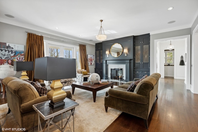 living room featuring dark hardwood / wood-style flooring and crown molding