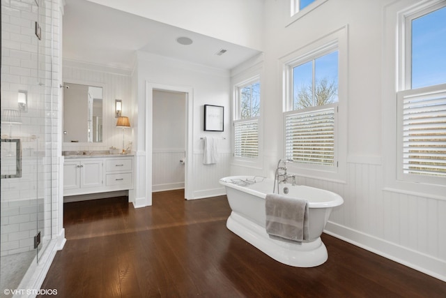 bathroom featuring a wealth of natural light, separate shower and tub, wood-type flooring, and vanity