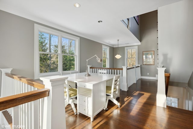 dining space featuring crown molding and dark hardwood / wood-style floors