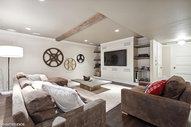 living room featuring ornamental molding and dark hardwood / wood-style flooring