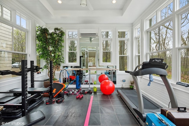 workout room featuring a raised ceiling