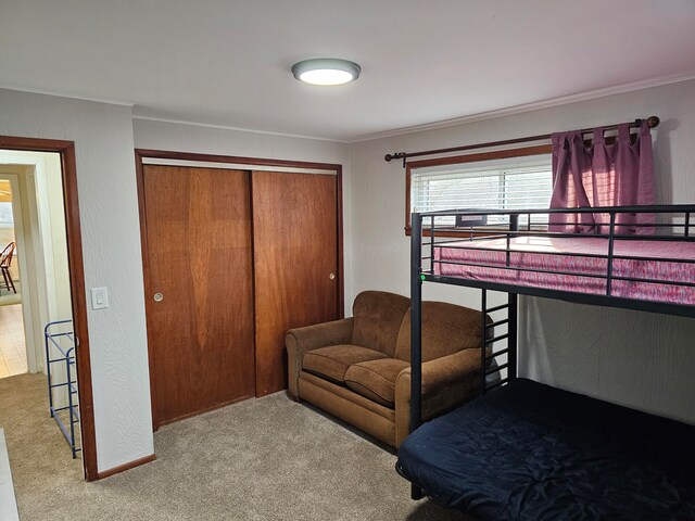bedroom featuring carpet, a closet, and crown molding
