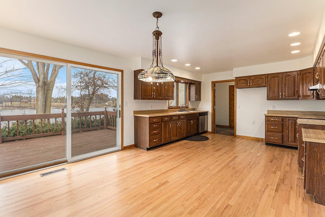 kitchen with hanging light fixtures, light hardwood / wood-style floors, and sink