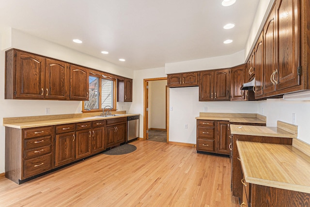 kitchen featuring light hardwood / wood-style flooring, dishwasher, butcher block countertops, and sink