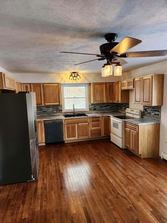 kitchen with white range with electric stovetop, stainless steel refrigerator, ceiling fan, dark hardwood / wood-style floors, and dishwasher