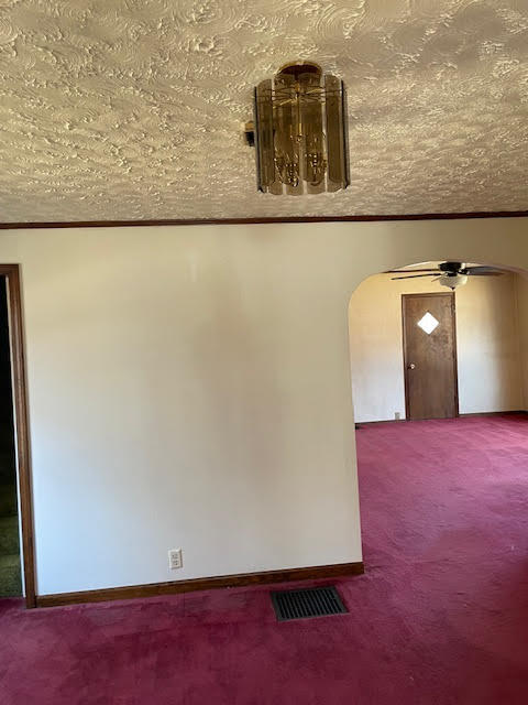 carpeted empty room featuring ceiling fan and a textured ceiling