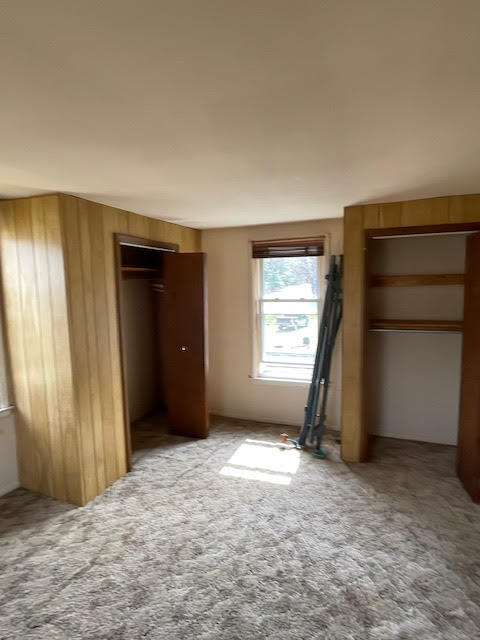 unfurnished bedroom with wooden walls and light colored carpet