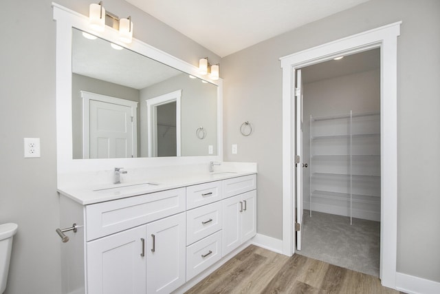 bathroom with vanity, wood-type flooring, and toilet