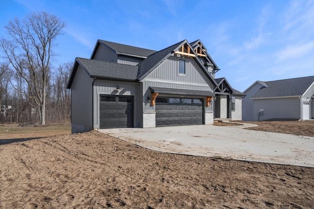 modern farmhouse with driveway, an attached garage, board and batten siding, and a shingled roof