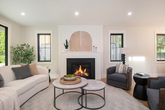 living room featuring a wealth of natural light and hardwood / wood-style flooring