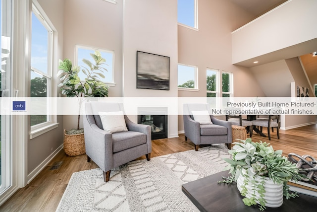 living room featuring a healthy amount of sunlight, a towering ceiling, and light hardwood / wood-style flooring